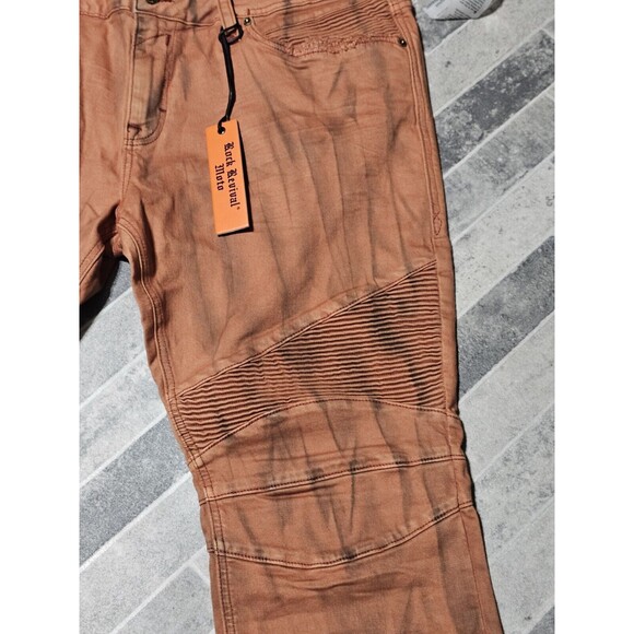 New Rock Revival Men's Distressed Denim Biker Moto Jeans "Ivan" Orange 42x32 - Picture 4 of 13